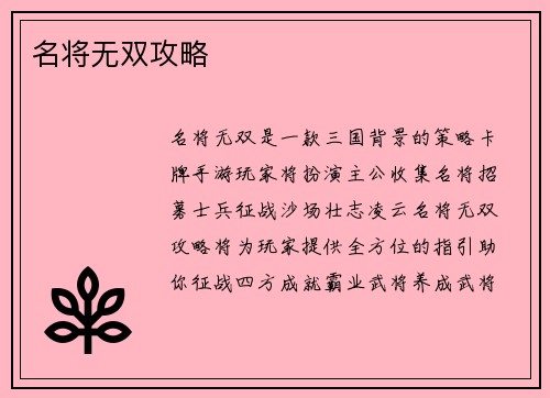 名将无双攻略